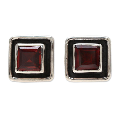 Fire Frame Faceted Garnet Square Stud Earrings from India