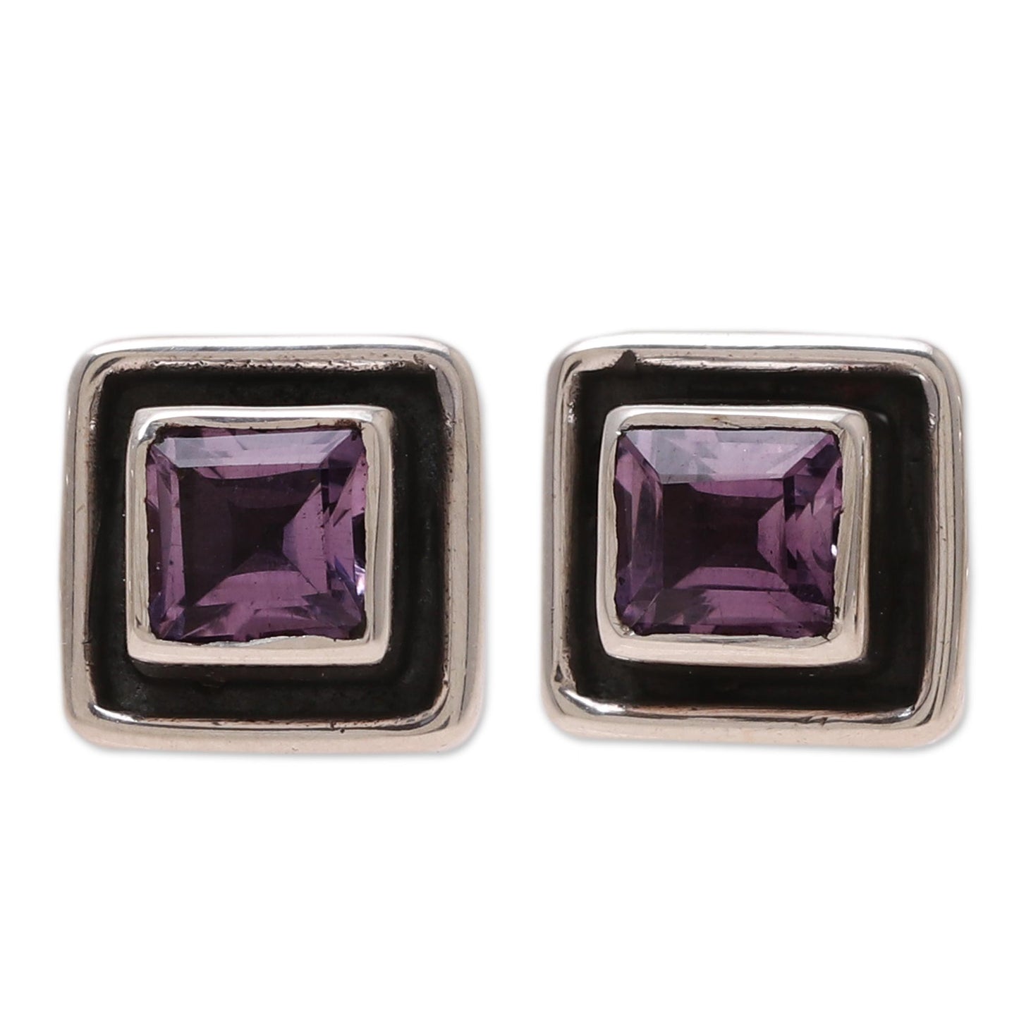 Regal Frame Square Amethyst Stud Earrings from India