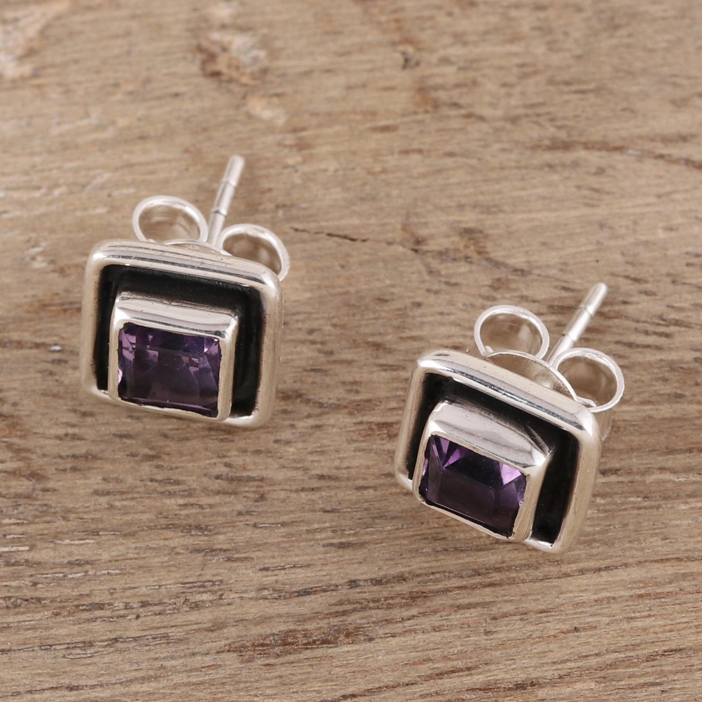 Regal Frame Square Amethyst Stud Earrings from India