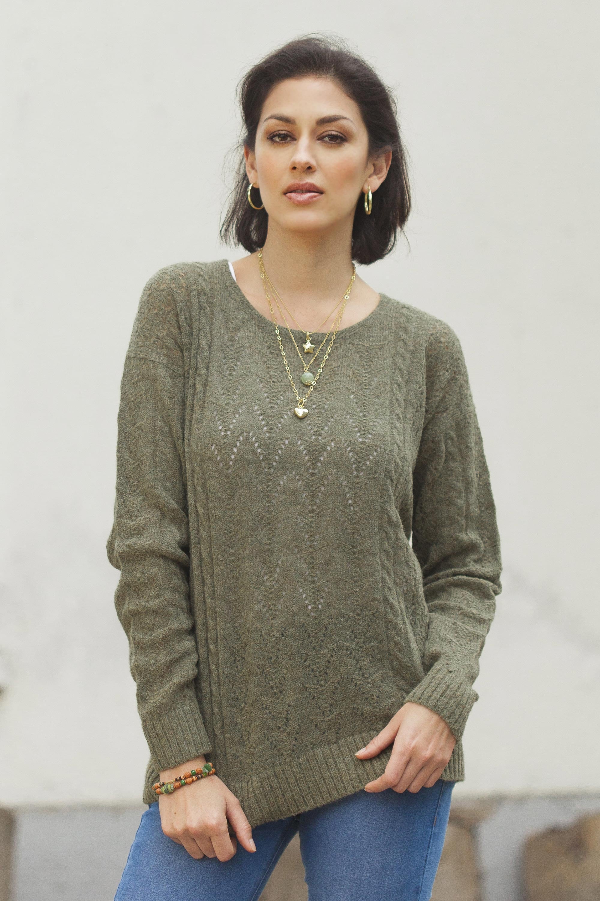 NOVICA Warm Charm in Olive Cable Knit Baby Apaca Blend Pullover in ...