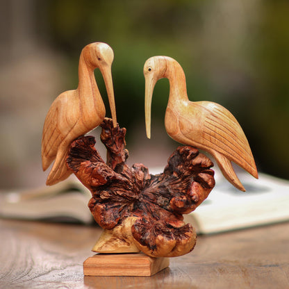 Crane Couple Hand-Carved Jempinis Wood Crane Couple Sculpture from Bali