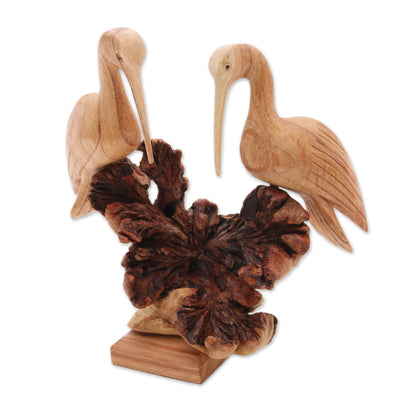 Crane Couple Hand-Carved Jempinis Wood Crane Couple Sculpture from Bali