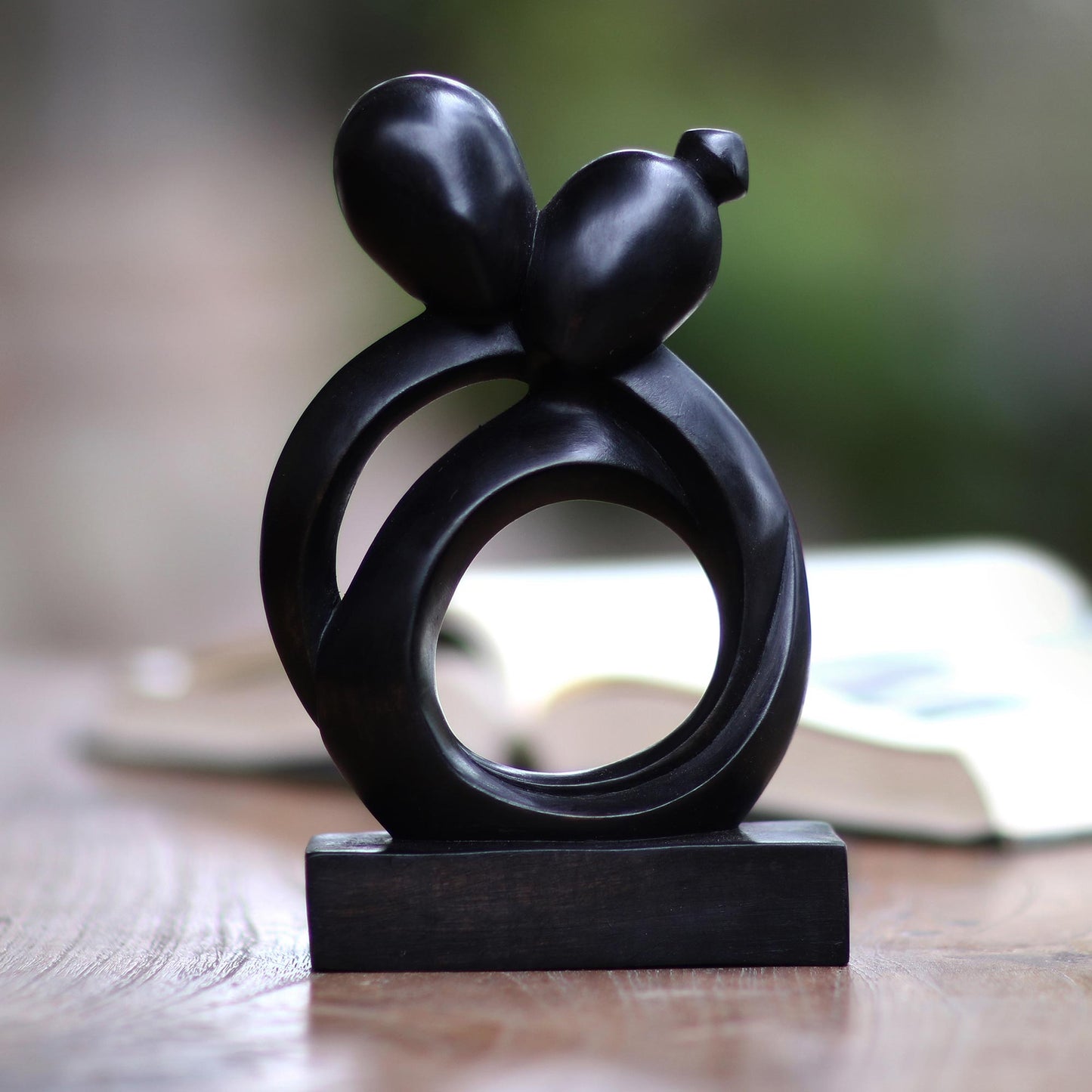 Caring Couple Abstract Romantic Black Suar Wood Sculpture from Indonesia