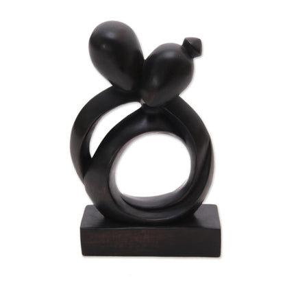 Caring Couple Abstract Romantic Black Suar Wood Sculpture from Indonesia