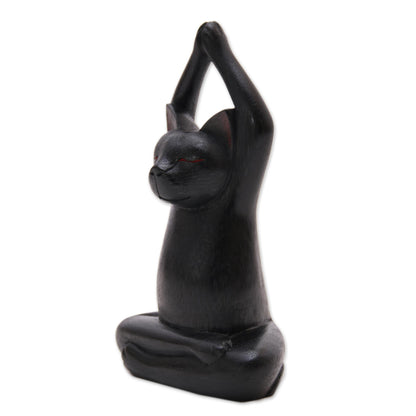 Toward the Sky Black Yoga Cat Black Suar Wood Asana Pose Yoga Cat Sculpture from Bali