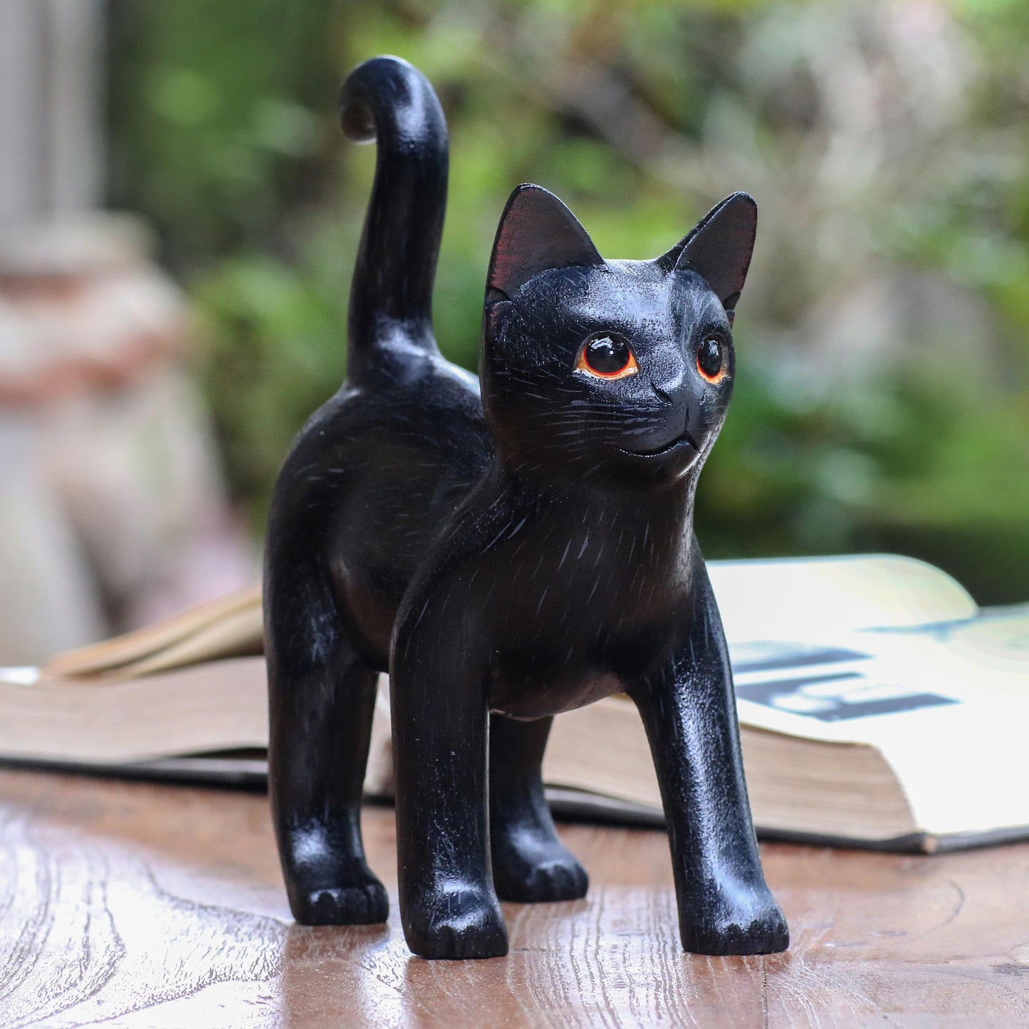 Curious Kitten in Black Wood Standing Cat Sculpture in Black from Bali from Bali