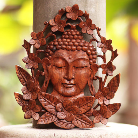 Flowery Buddha Floral Buddha-Themed Suar Wood Relief Panel from Bali