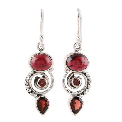 Fiery Labyrinth Garnet and Sterling Silver Spiral Dangle Earrings