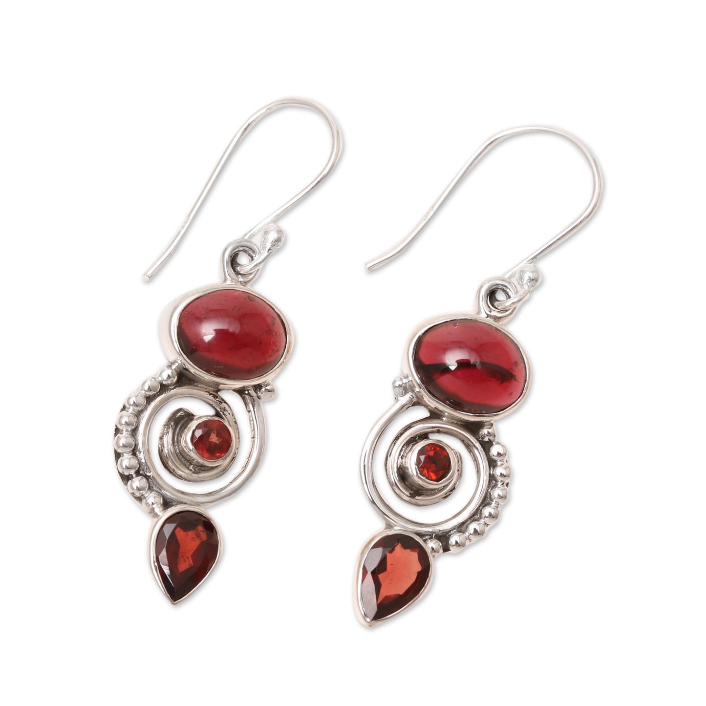 Fiery Labyrinth Garnet and Sterling Silver Spiral Dangle Earrings