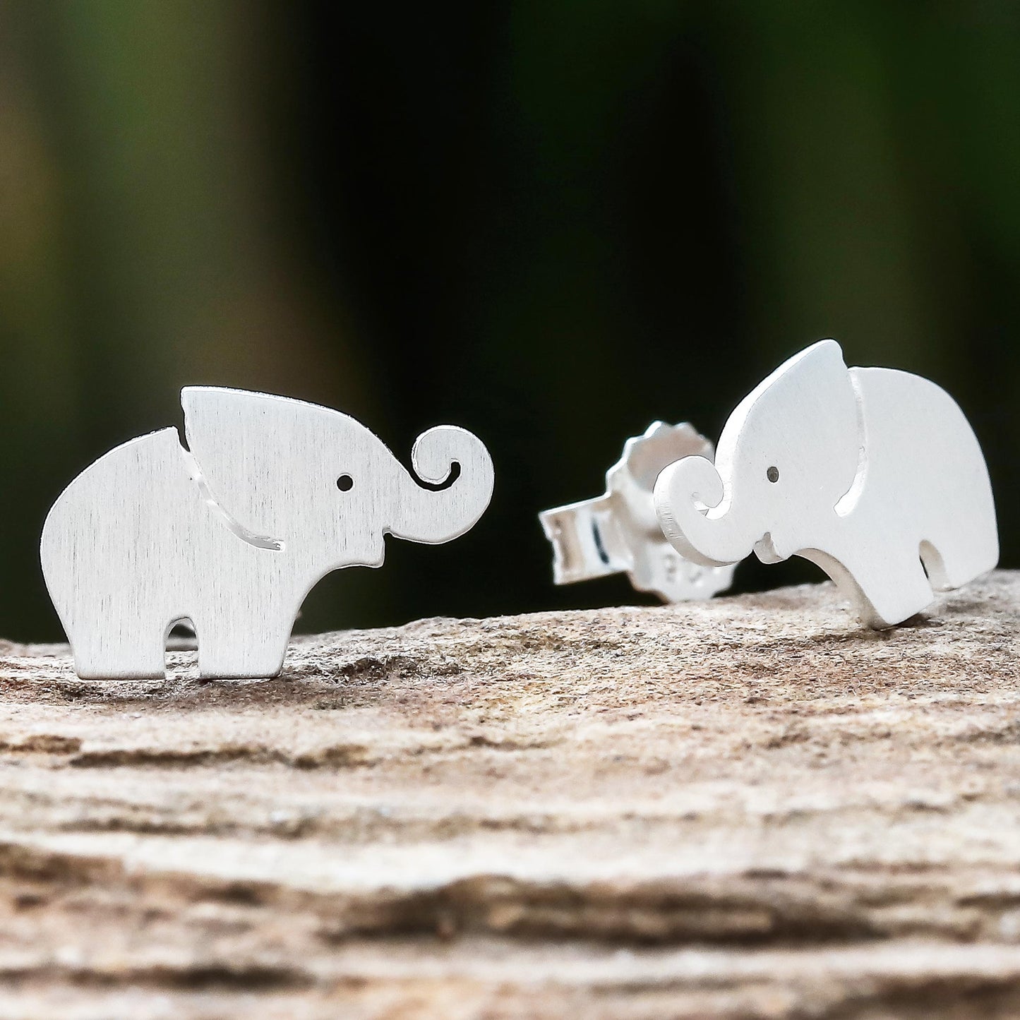 Curled Trunks Sterling Silver Elephant Stud Earrings with Curled Trunks