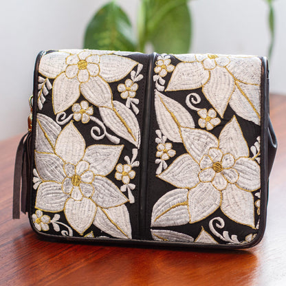 White Flowers Leather and Cotton Accent Sling with White Floral Embroidery