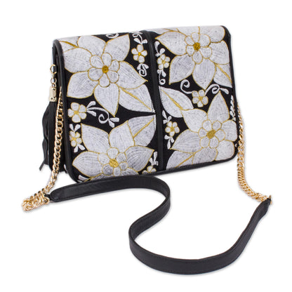 White Flowers Leather and Cotton Accent Sling with White Floral Embroidery