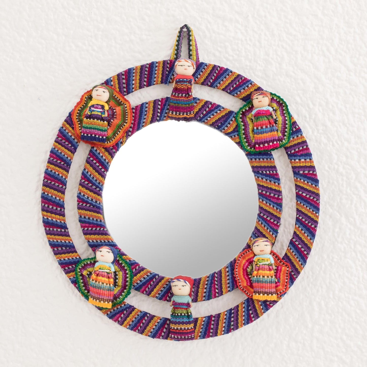 Quitapenas Harmony Colorful Cotton Wall Mirror with Worry Dolls from Guatemala