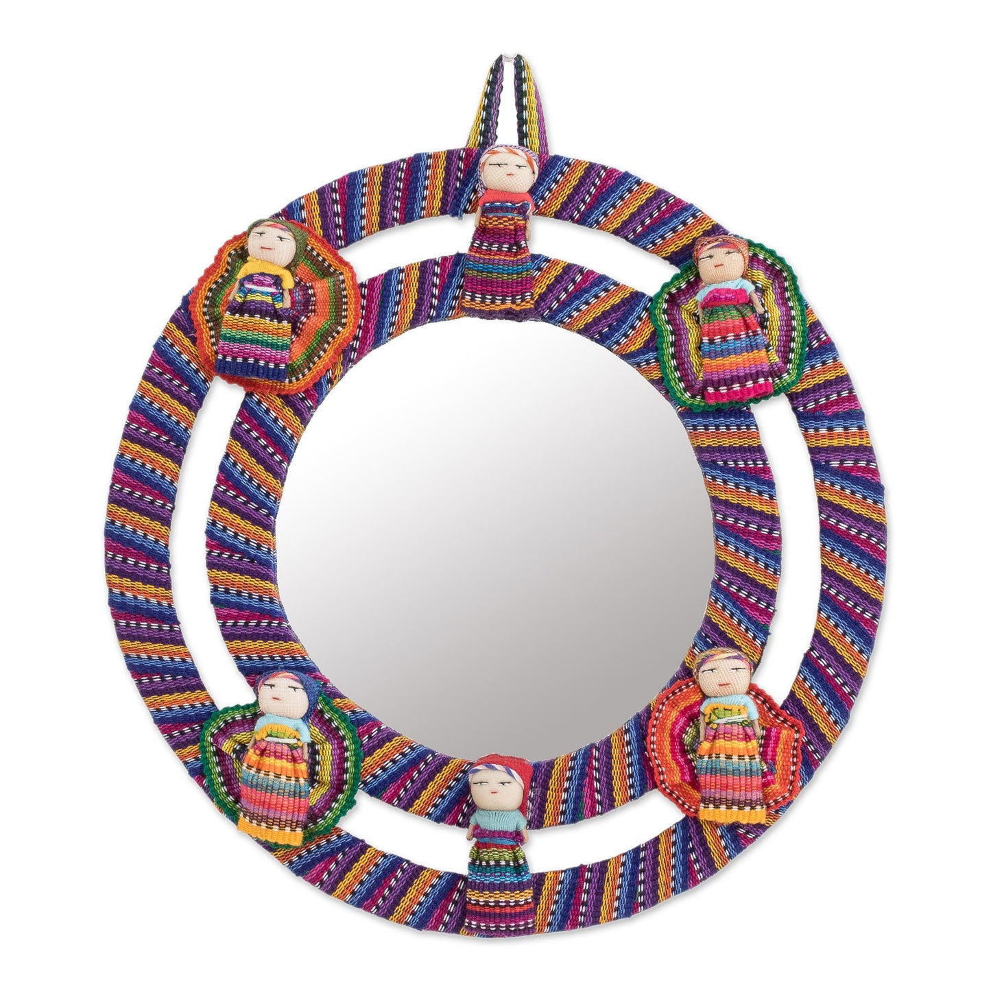 Quitapenas Harmony Colorful Cotton Wall Mirror with Worry Dolls from Guatemala