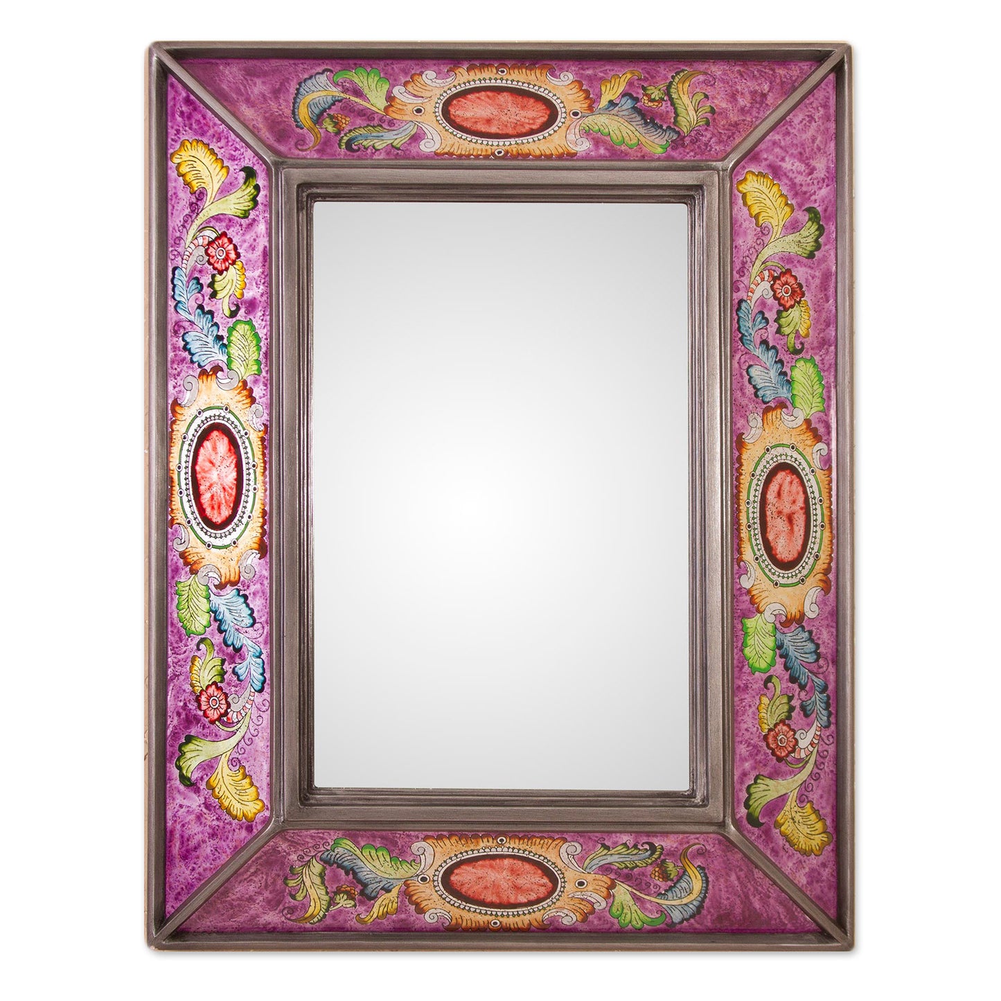 Floral Medallions in Purple Floral Reverse-Painted Glass Wall Mirror in Purple from Peru