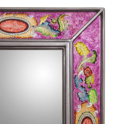 Floral Medallions in Purple Floral Reverse-Painted Glass Wall Mirror in Purple from Peru