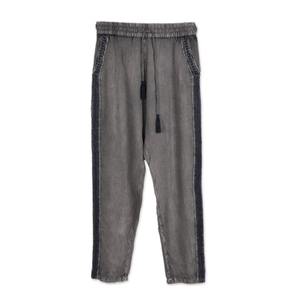 Navy Sophistication Dusty Grey Viscose Pants with Navy Stripes from India