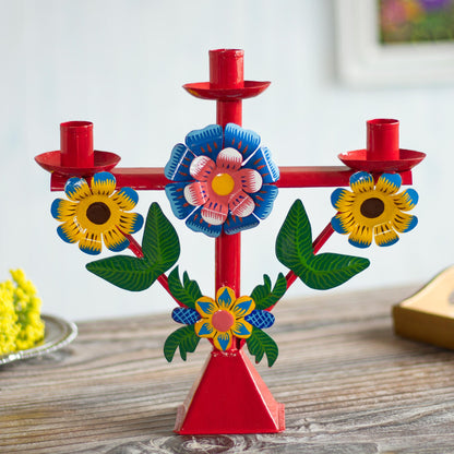 Margarita Temple in Red Floral Recycled Metal Candelabra in Red from Peru