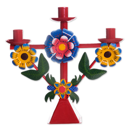 Margarita Temple in Red Floral Recycled Metal Candelabra in Red from Peru