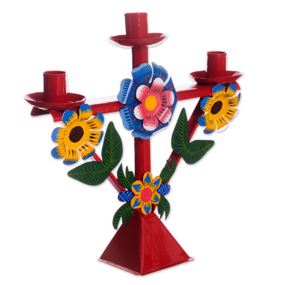 Margarita Temple in Red Floral Recycled Metal Candelabra in Red from Peru