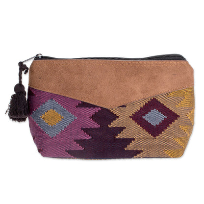 Geometric Femininity Geometric Cotton Cosmetic Bag with Faux Leather Accent