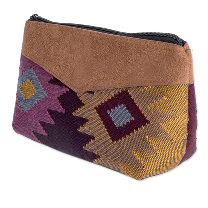 Geometric Femininity Geometric Cotton Cosmetic Bag with Faux Leather Accent