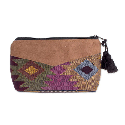 Geometric Femininity Geometric Cotton Cosmetic Bag with Faux Leather Accent