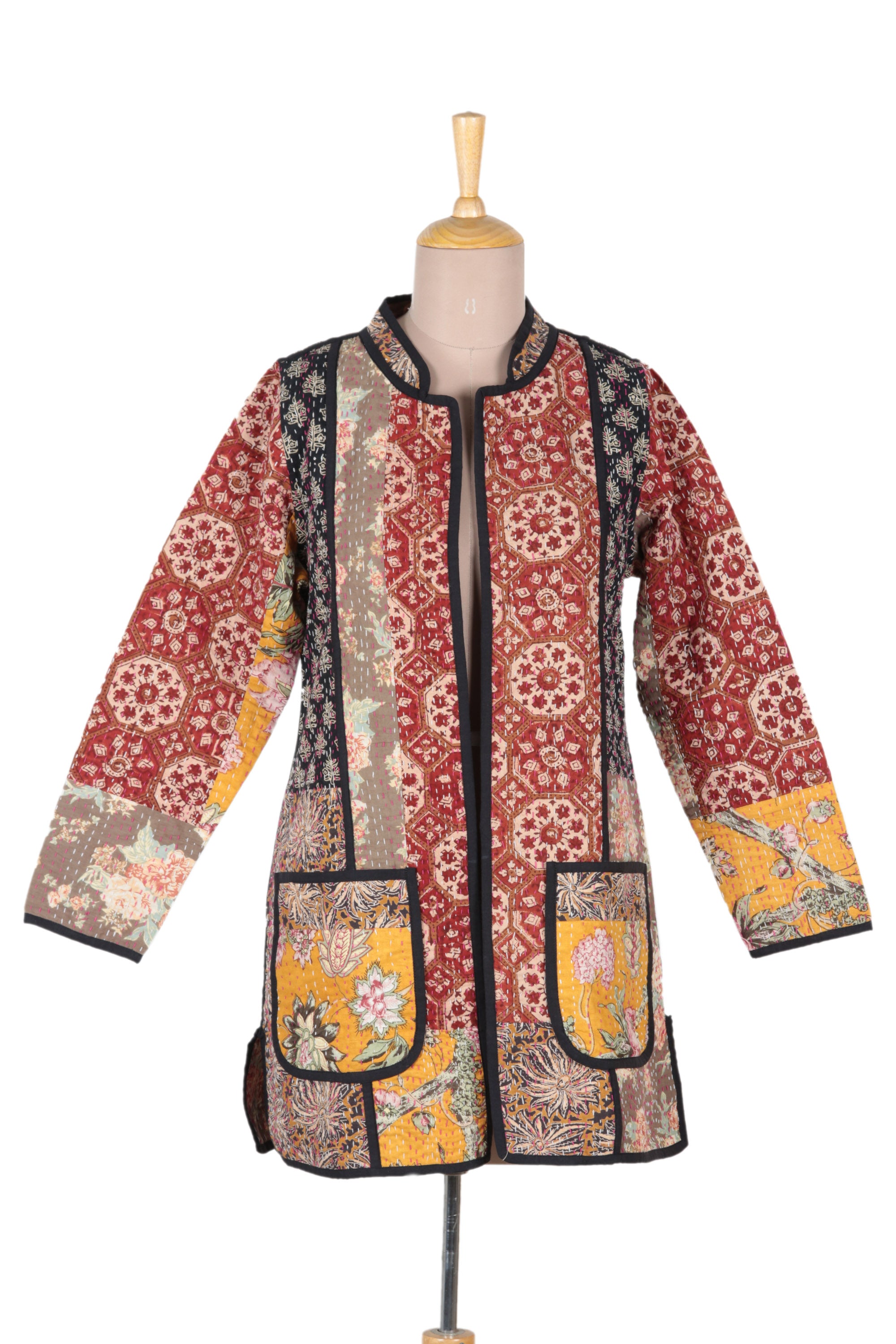 NOVICA Floral Fusion Cotton Patchwork Jacket with Kantha Stitching