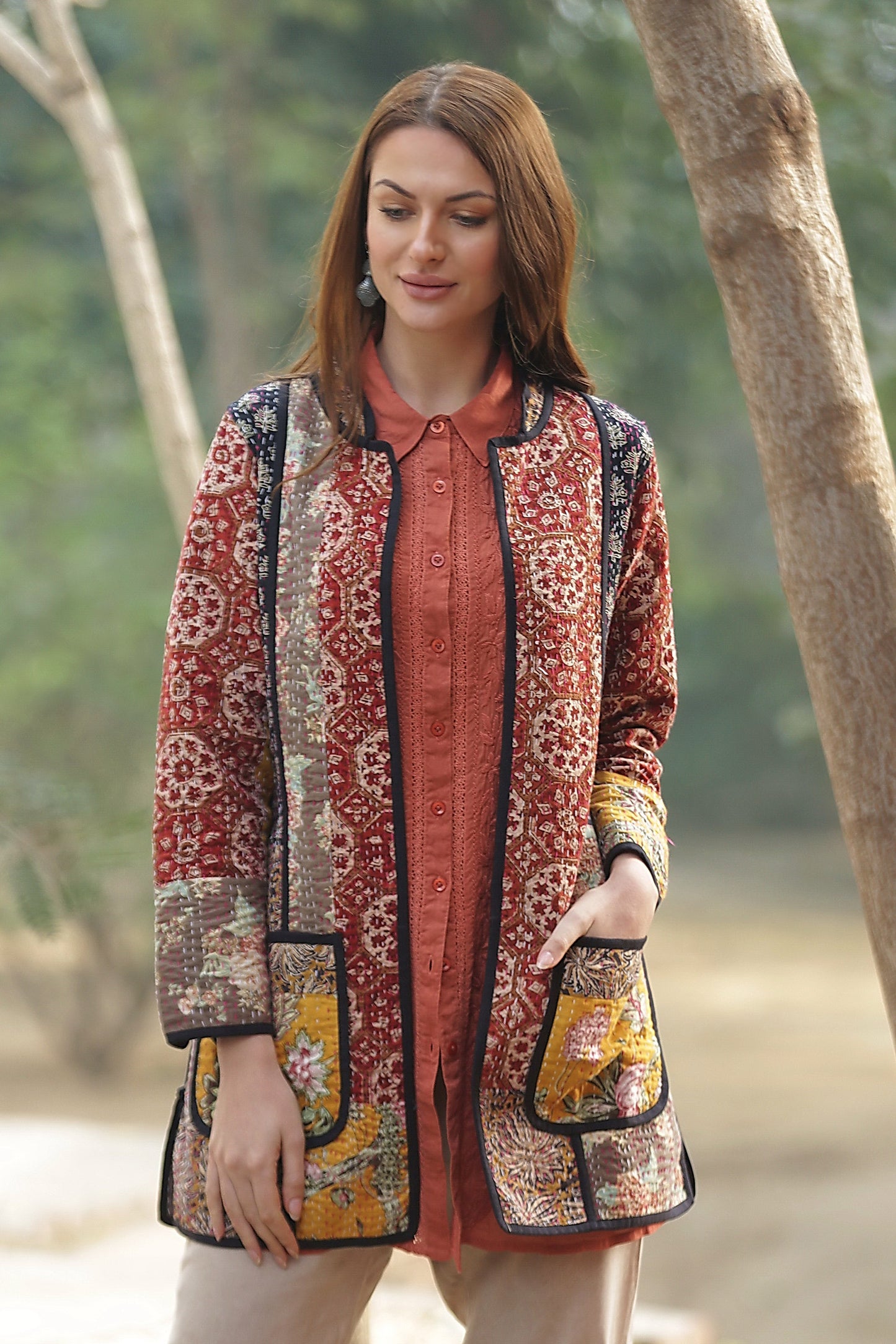 Floral Fusion Cotton Patchwork Jacket with Kantha Stitching