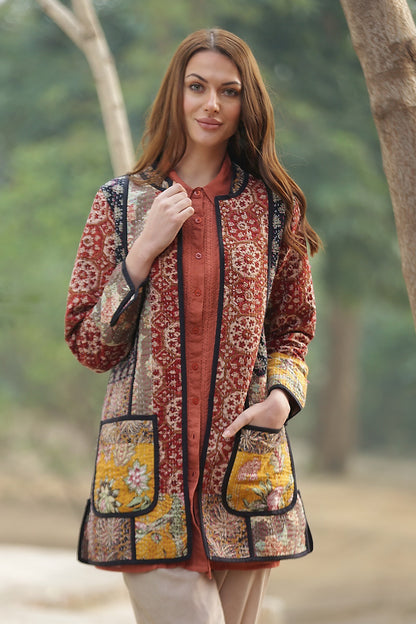 Floral Fusion Cotton Patchwork Jacket with Kantha Stitching