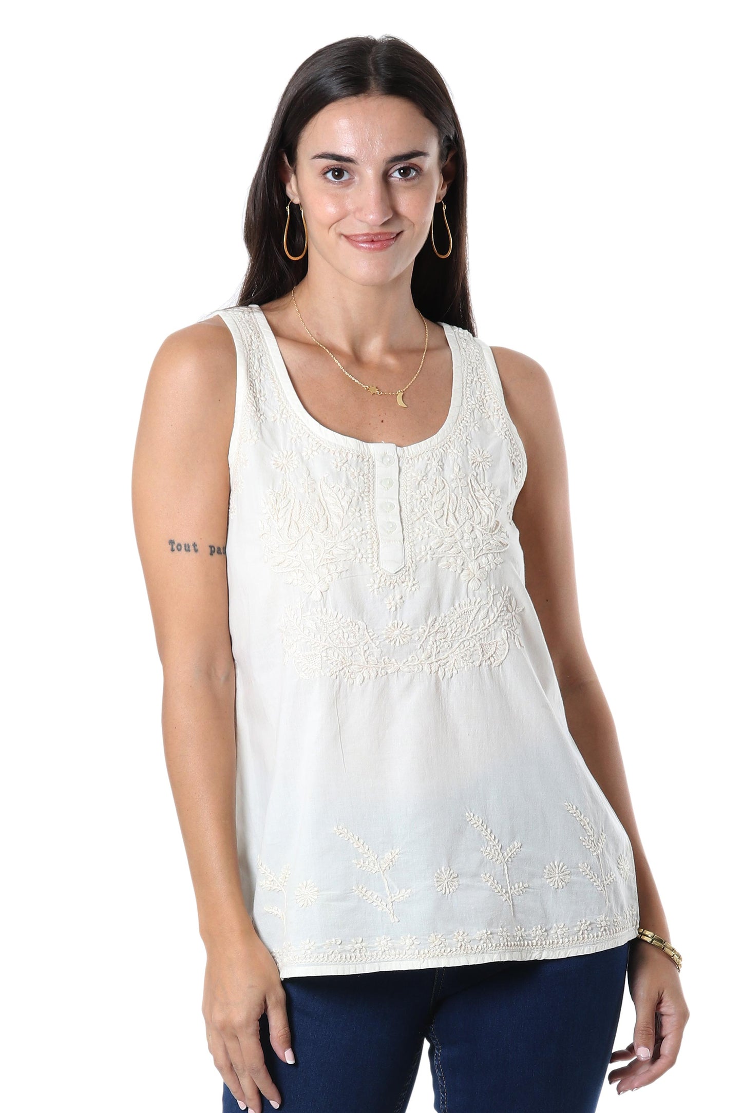 Casual Elegance Ivory Sleeveless Cotton Top with Chikankari Embroidery