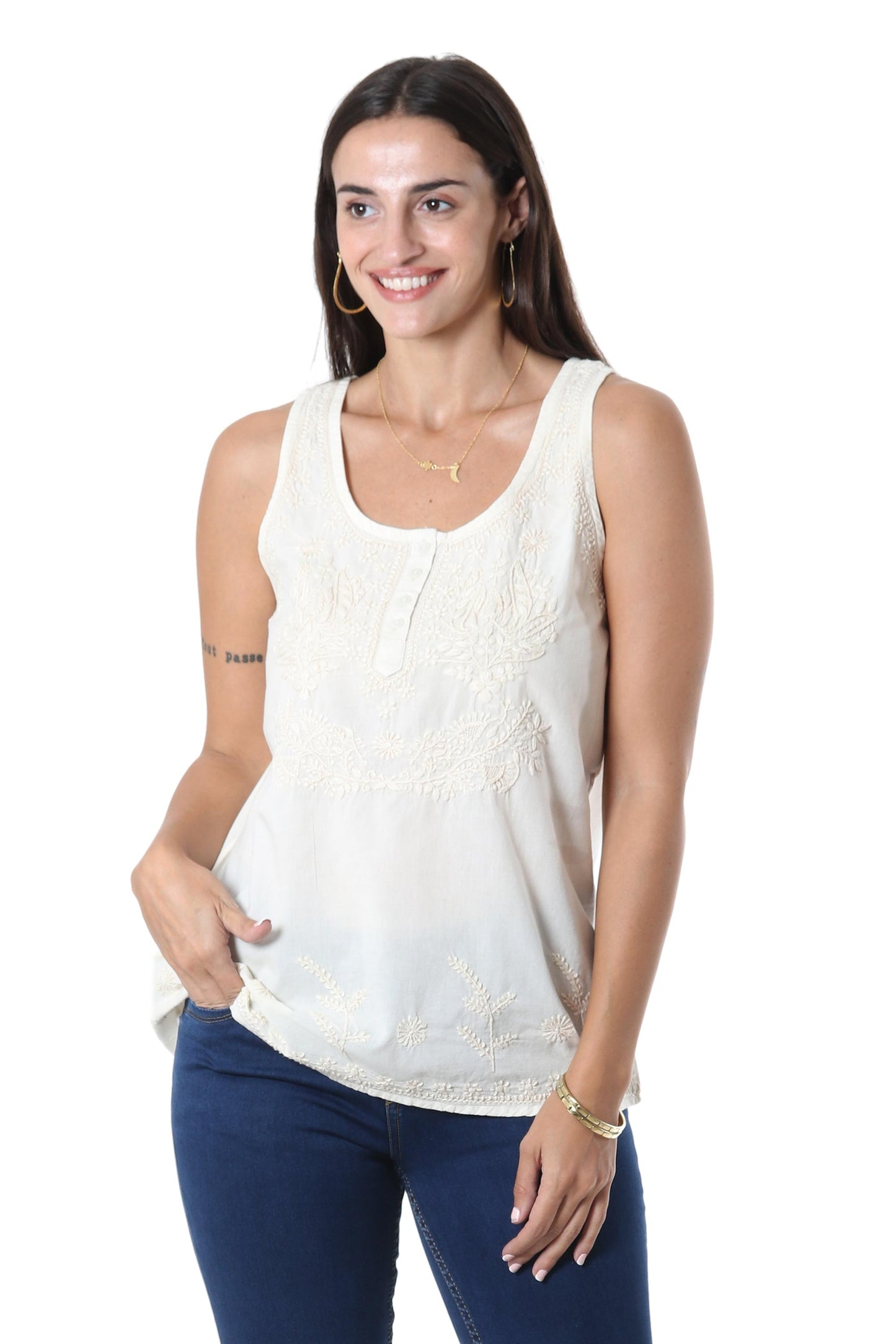 Casual Elegance Ivory Sleeveless Cotton Top with Chikankari Embroidery