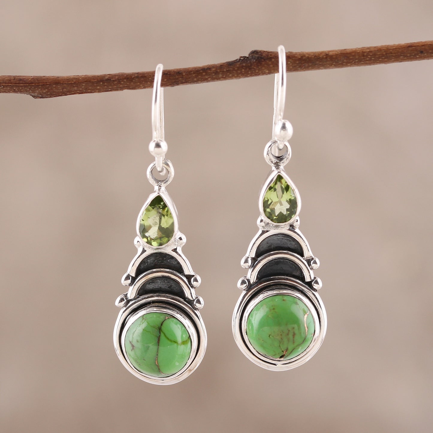 Verdant Arches Peridot and Green Composite Turquoise Dangle Earrings