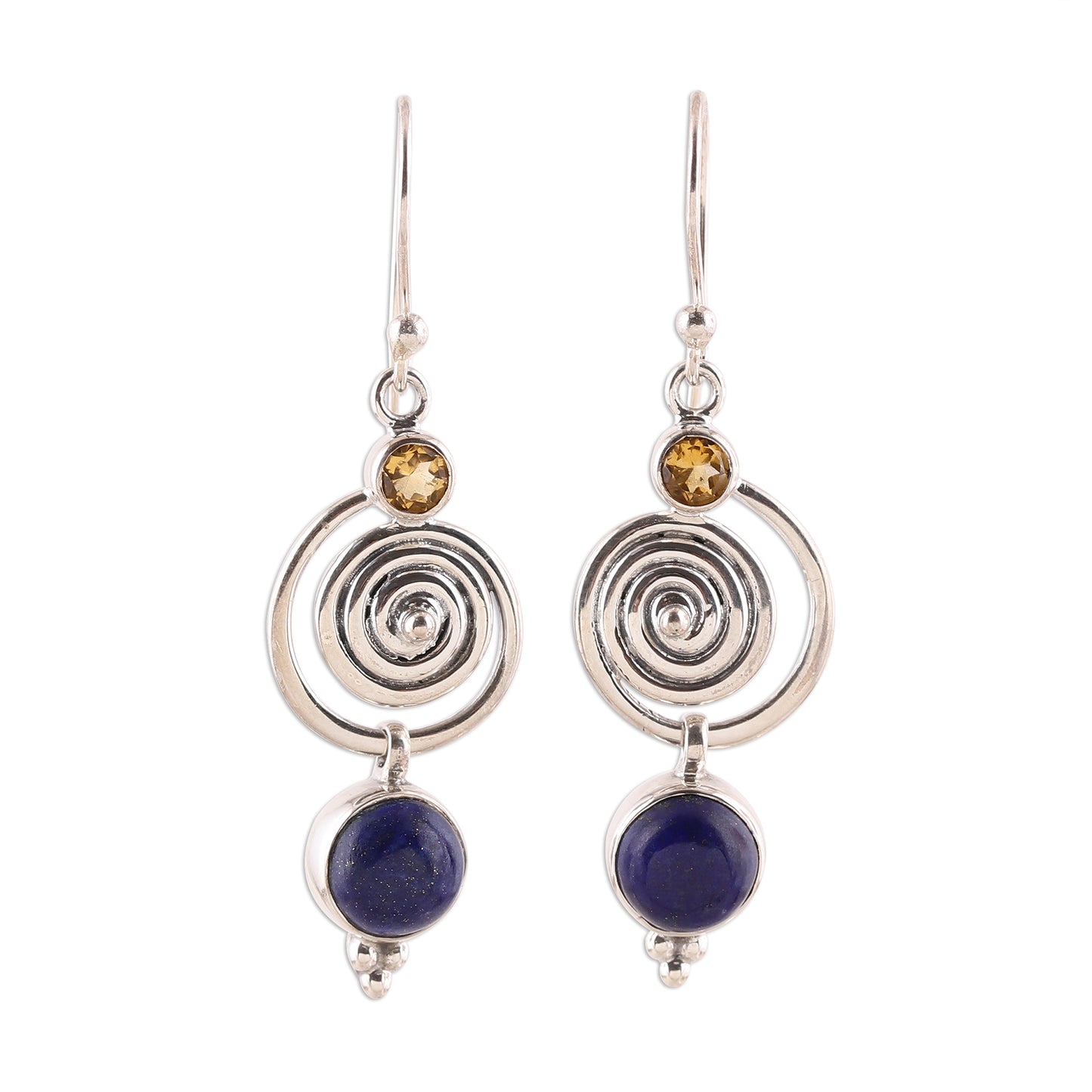 Gemstone Swirl Swirl Pattern Lapis Lazuli and Citrine Dangle Earrings