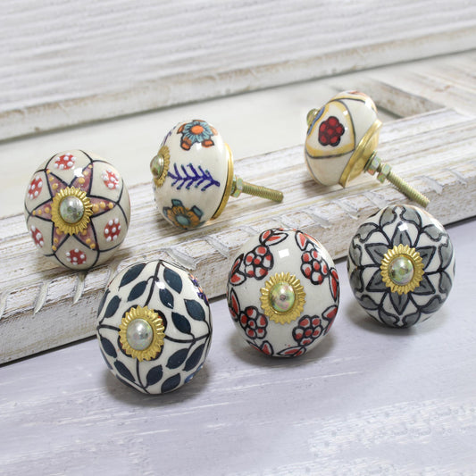 Harmonious Flowers Colorful Floral Ceramic Knobs from India (Set of 6)