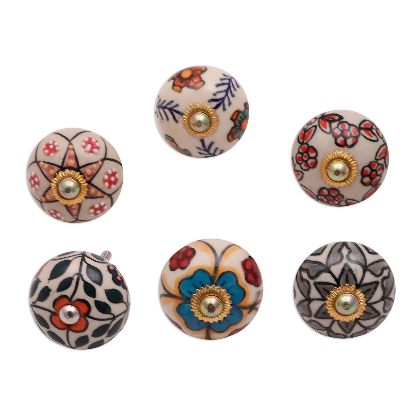 Harmonious Flowers Colorful Floral Ceramic Knobs from India (Set of 6)