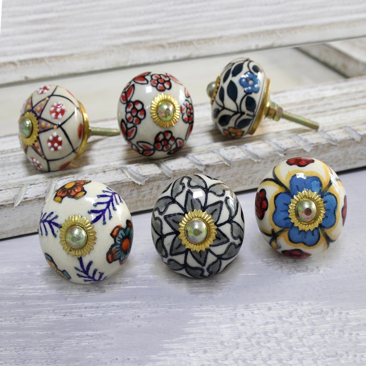 Harmonious Flowers Colorful Floral Ceramic Knobs from India (Set of 6)