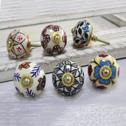 Harmonious Flowers Colorful Floral Ceramic Knobs from India (Set of 6)