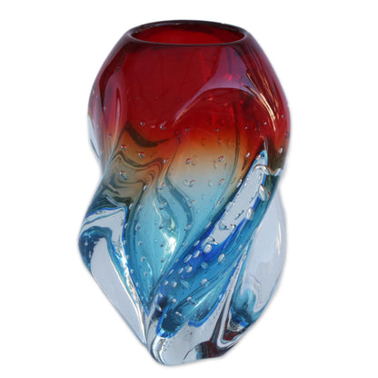 Blue and Red Twist Blue and Red Handblown Art Glass Vase from Brazil