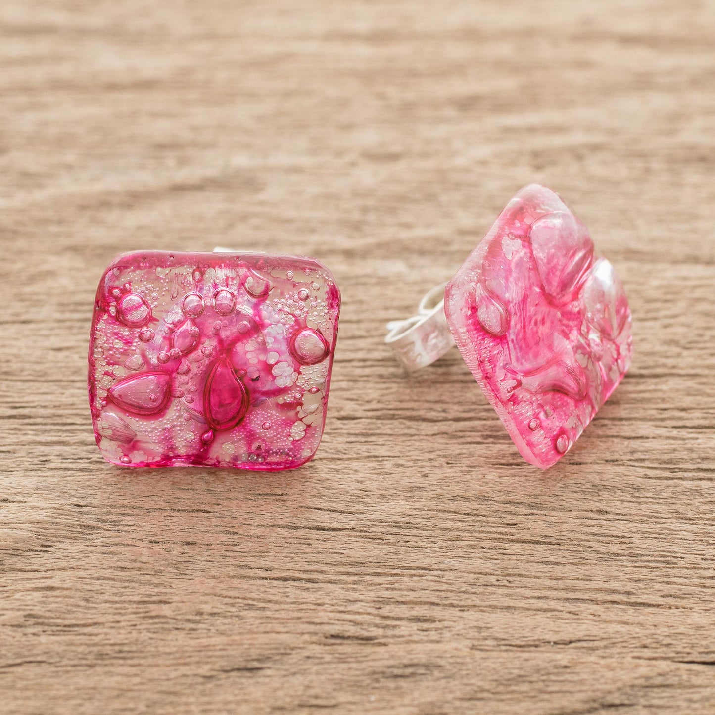 Bubble Explosion in Pink Recycled CD Stud Earrings in Pink from Guatemala