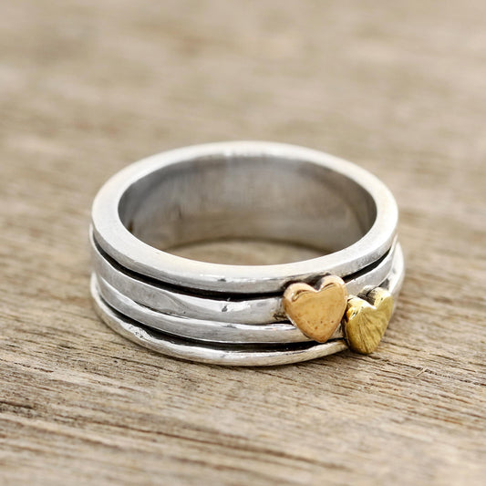 Traveling Hearts Heart Motif Sterling Silver and Brass Spinner Ring