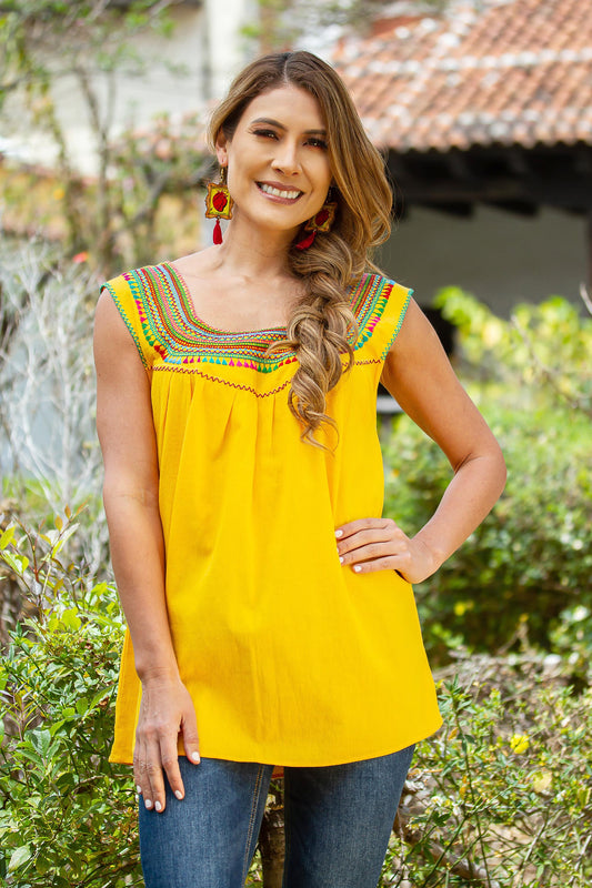 Marigold Summer Handwoven Saffron Cotton Sleeveless Blouse from Mexico