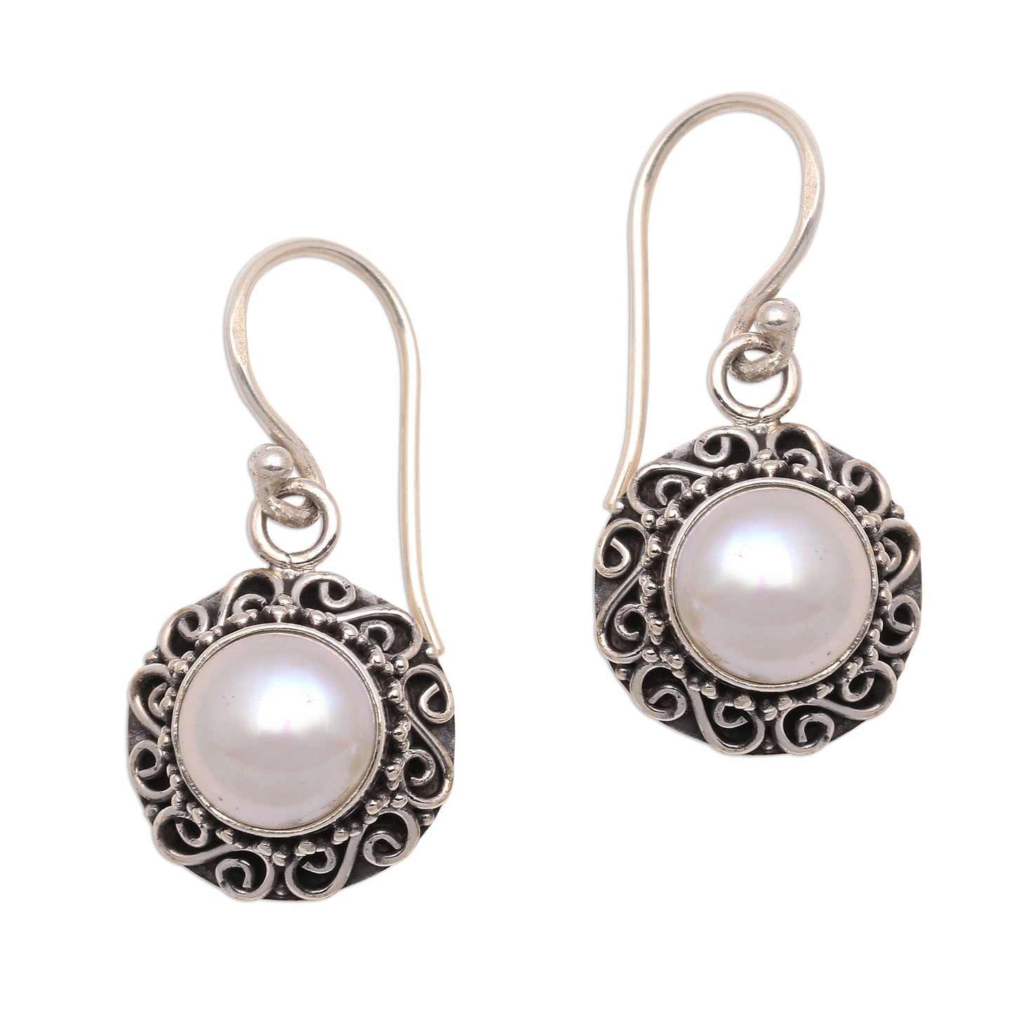 Silver-White Flowers Floral Silver-White Cultured Pearl Earrings from Bali