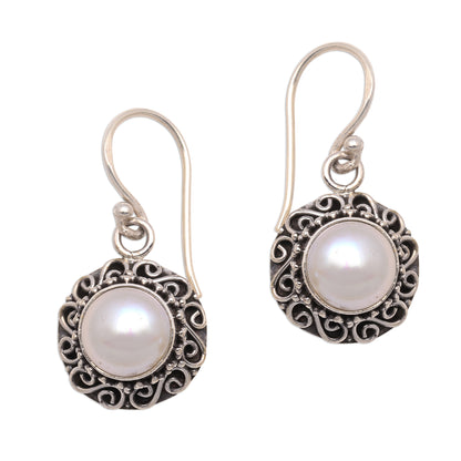 Silver-White Flowers Floral Silver-White Cultured Pearl Earrings from Bali