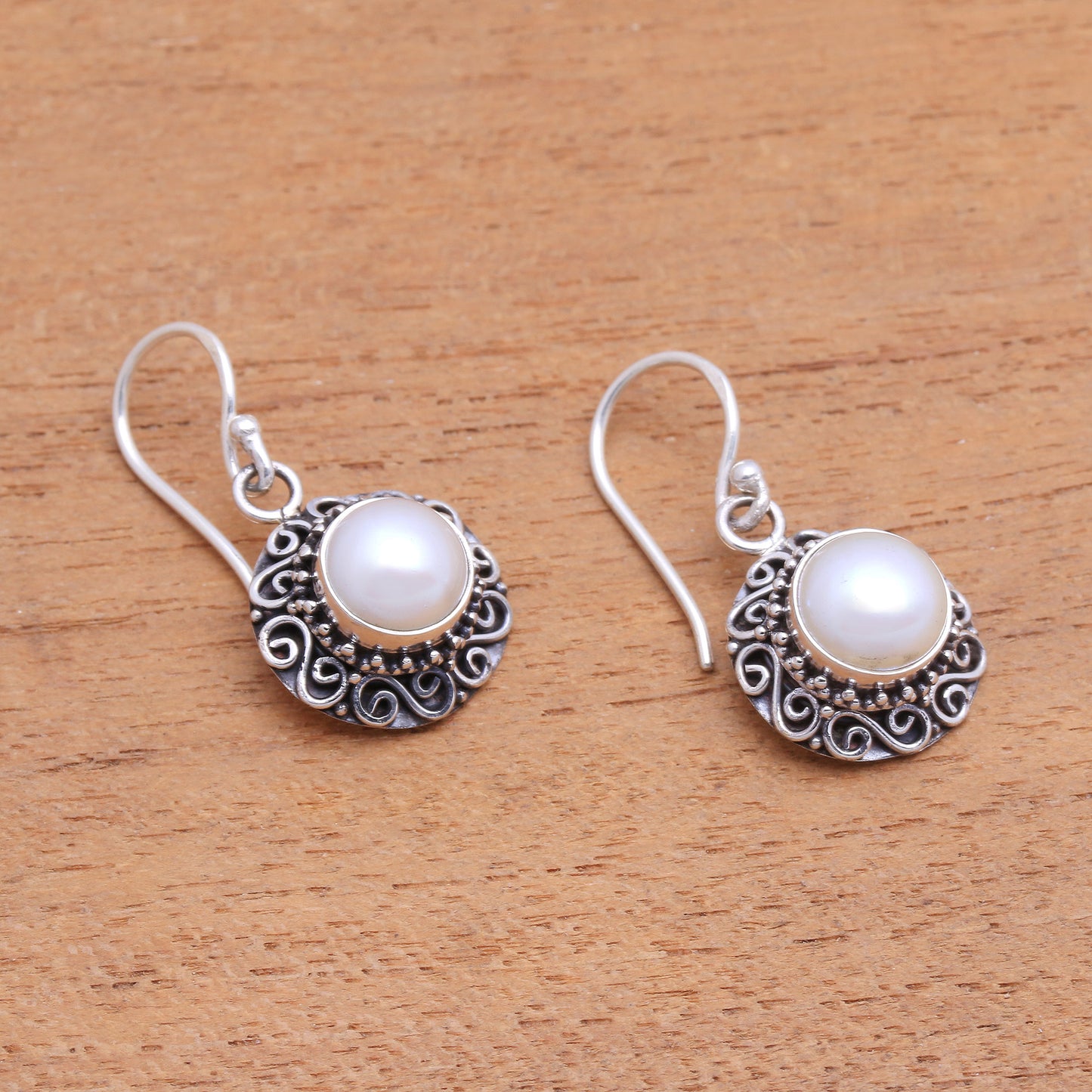 Silver-White Flowers Floral Silver-White Cultured Pearl Earrings from Bali