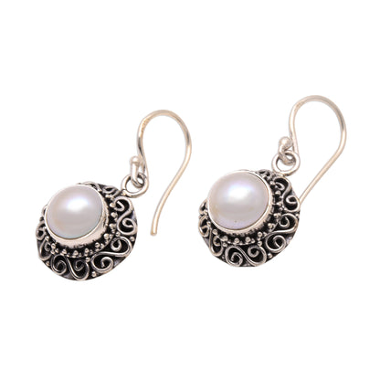 Silver-White Flowers Floral Silver-White Cultured Pearl Earrings from Bali