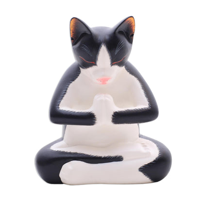 Meditating Tuxedo Kitty Wood Sculpture of a Meditating Tuxedo Cat from Bali