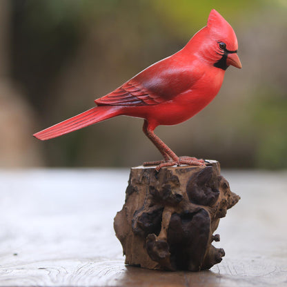 Perched Virginia Cardinal Hand-Painted Wood Virginia Cardinal Sculpture from Bali