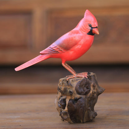 Perched Virginia Cardinal Hand-Painted Wood Virginia Cardinal Sculpture from Bali