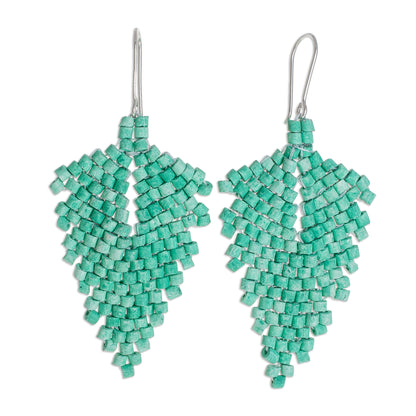 Elegant Wind in Green Leaf-Shaped Ceramic Beaded Dangle Earrings in Green